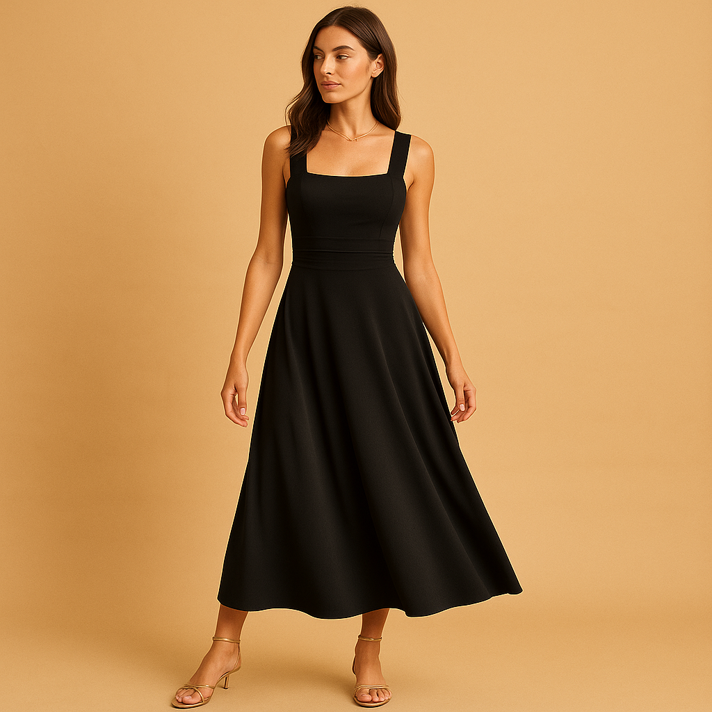 Elegant Midi Dress with Square Neckline and Waist Tie for Women 0