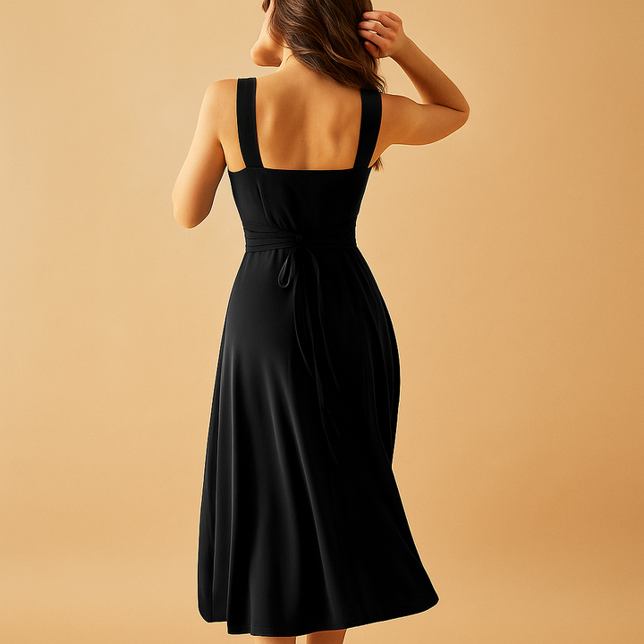 Elegant Midi Dress with Square Neckline and Waist Tie for Women 1