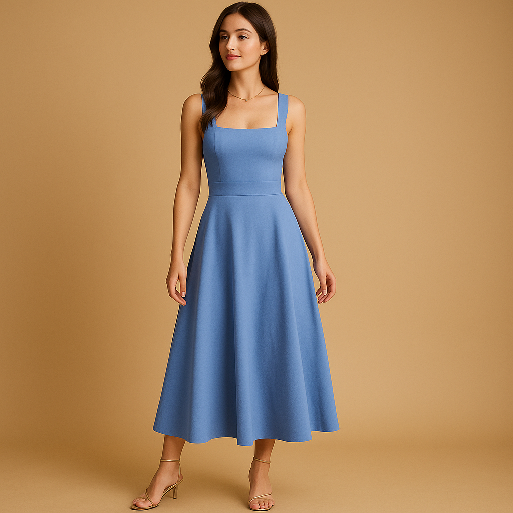 Elegant Midi Dress with Square Neckline and Waist Tie for Women 2