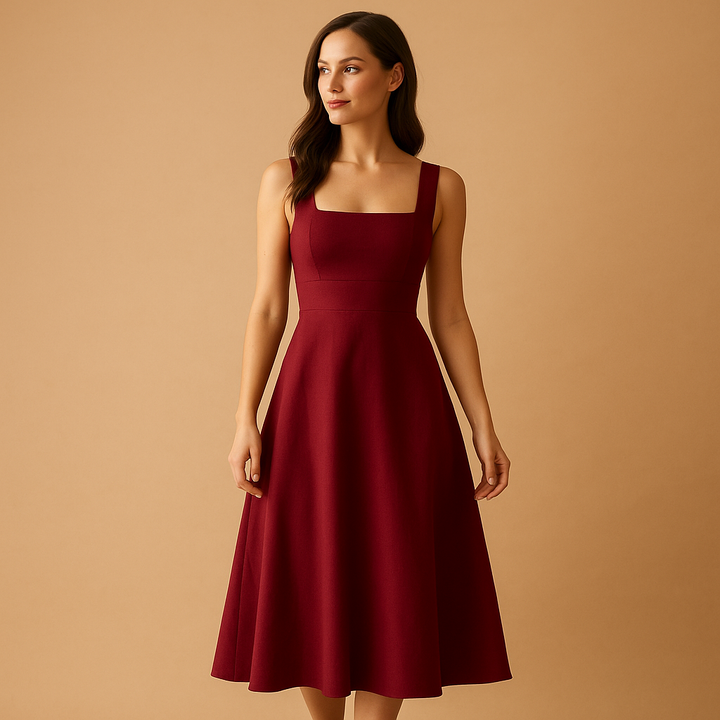 Elegant Midi Dress with Square Neckline and Waist Tie for Women 3