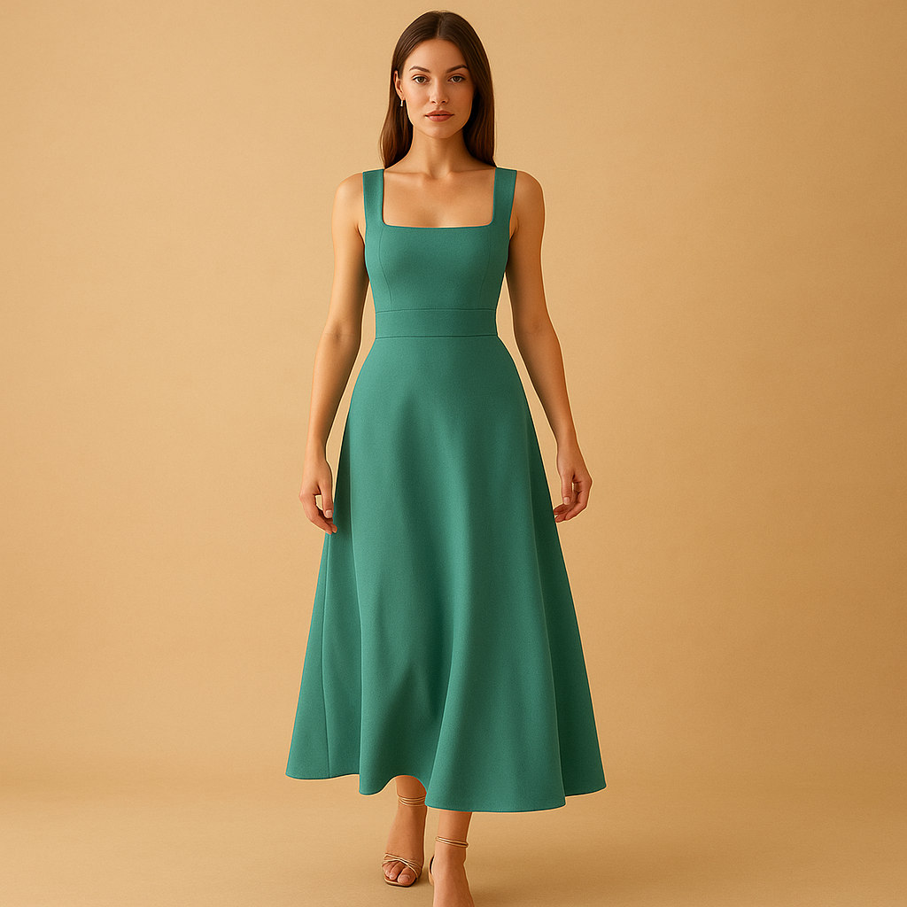 Elegant Midi Dress with Square Neckline and Waist Tie for Women 4