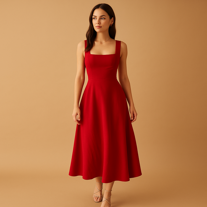 Elegant Midi Dress with Square Neckline and Waist Tie for Women 5
