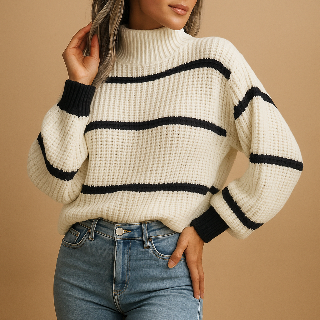 Elise | Women's Striped High Neck Knit Sweater 1