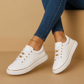 Isabella | Women's White Sneakers with Gold Accents 0